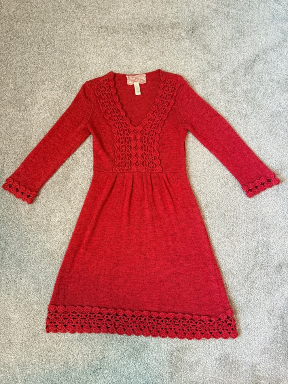 Nick + Mo M ANTHROPOLOGIE Pinkish Red Crochet Sweater Dress Washable Wool Blend